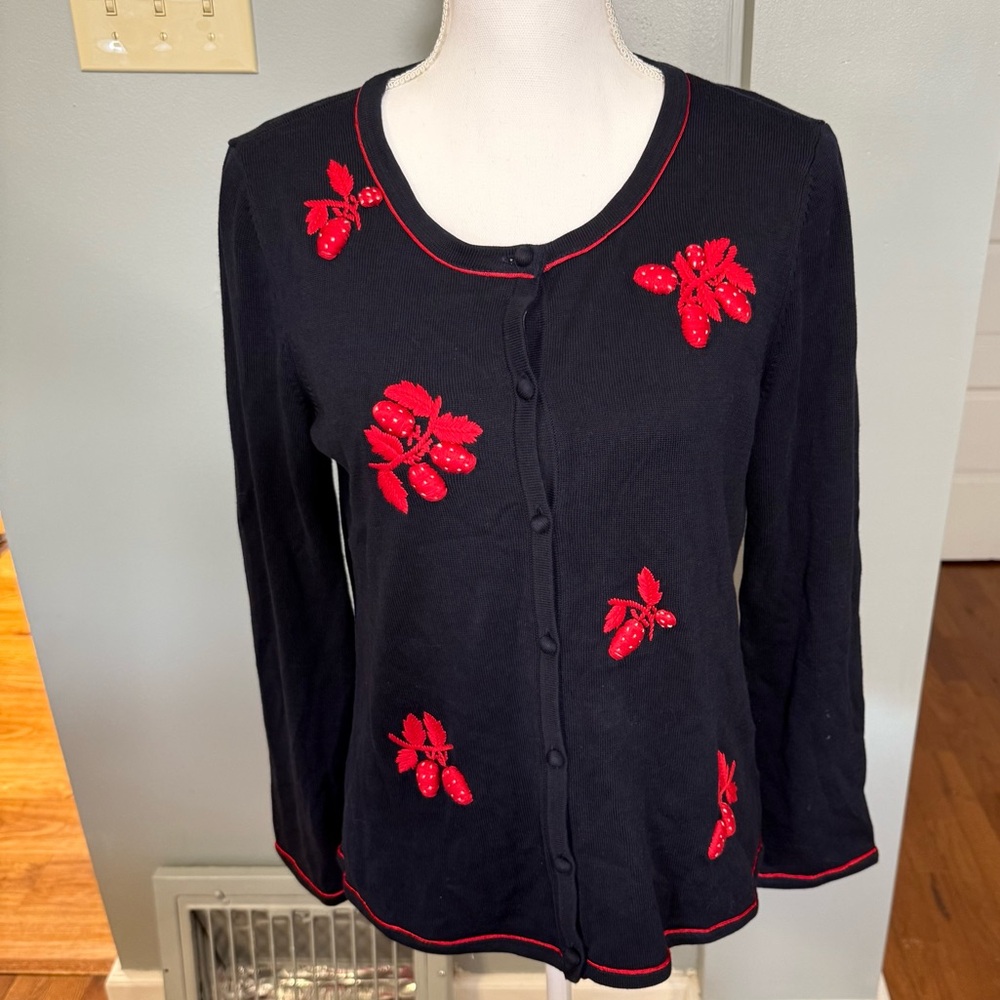 Talbots Navy Blue CHARMING CARDIGAN - EMBROIDERED STRAWBERRIES Size Medium